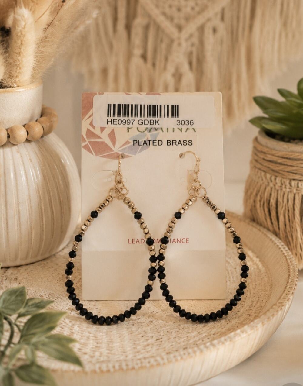 Pomina Black Gold Beaded Oval Earrings New